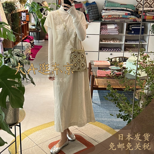 亚麻V领蕾丝花边连衣裙2色