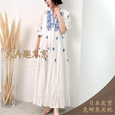 纯棉刺绣花朵拼接连衣裙4色