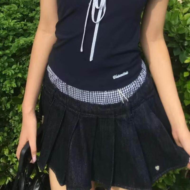 2025年新款牛仔格子拼接半身裙女2025新款a字短裙百褶裙裙子韩系