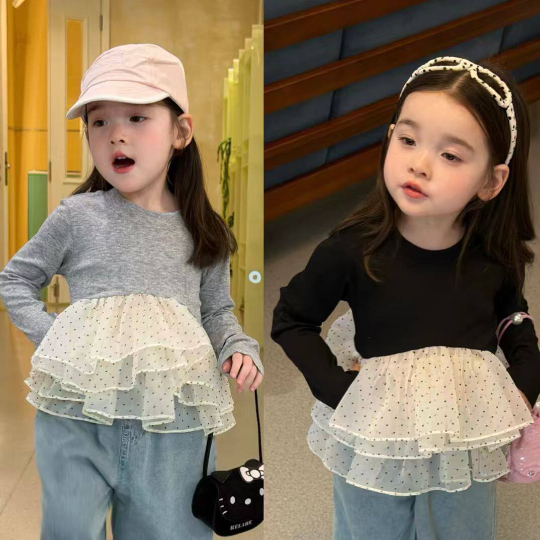 韩版波点长袖T恤女童网纱时髦2026春装新款儿童女宝洋气上衣外穿
