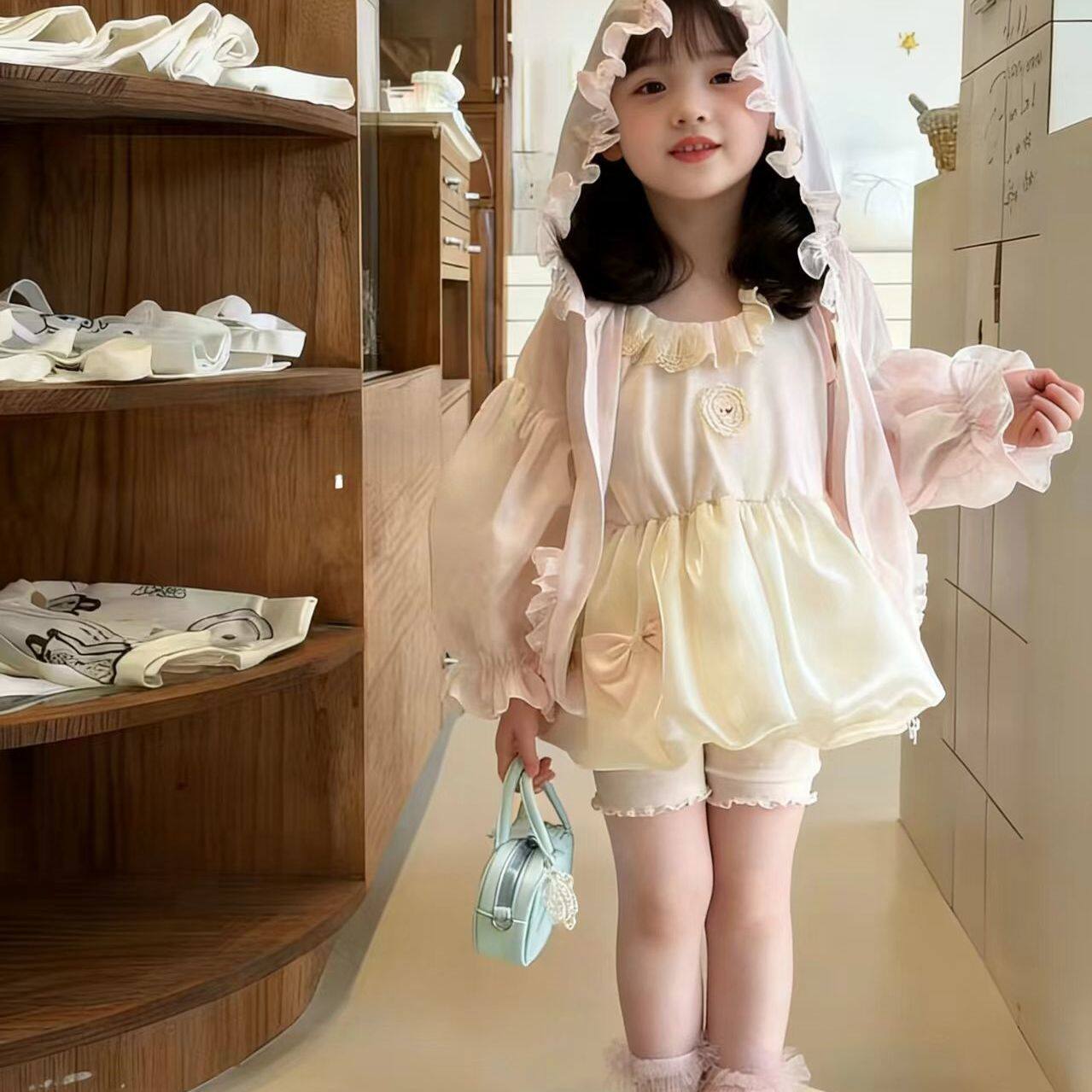女童卡通泡泡袖连帽粉色防晒衣2026夏季新款女童卡通外套空调服