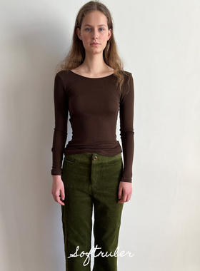 Softruler「复古味」宽腰襻大纽扣灯芯绒微喇长裤 咖啡/草绿/芥黄