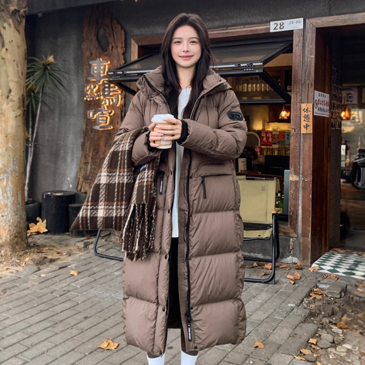 2025冬季时尚轻奢高级感极寒系列咖非色长款百搭连帽羽绒服外套女