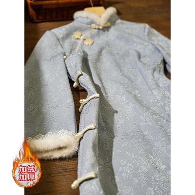 蓝色新中式改良秋冬旗袍2