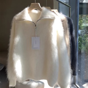 高克重加厚拉毛羊绒衫女羊绒毛衣慵懒廓形拉链翻领高领毛衣白色