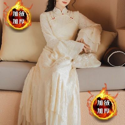 秋冬加绒加厚复古改良旗袍连衣裙年轻款少女过膝桔梗裙子超仙温柔