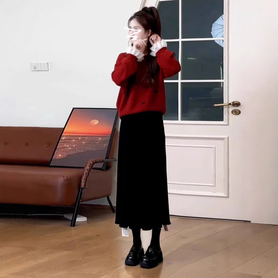 2025超火秋冬季女装红色过新年衣服战袍高级感穿搭半身裙子两件套