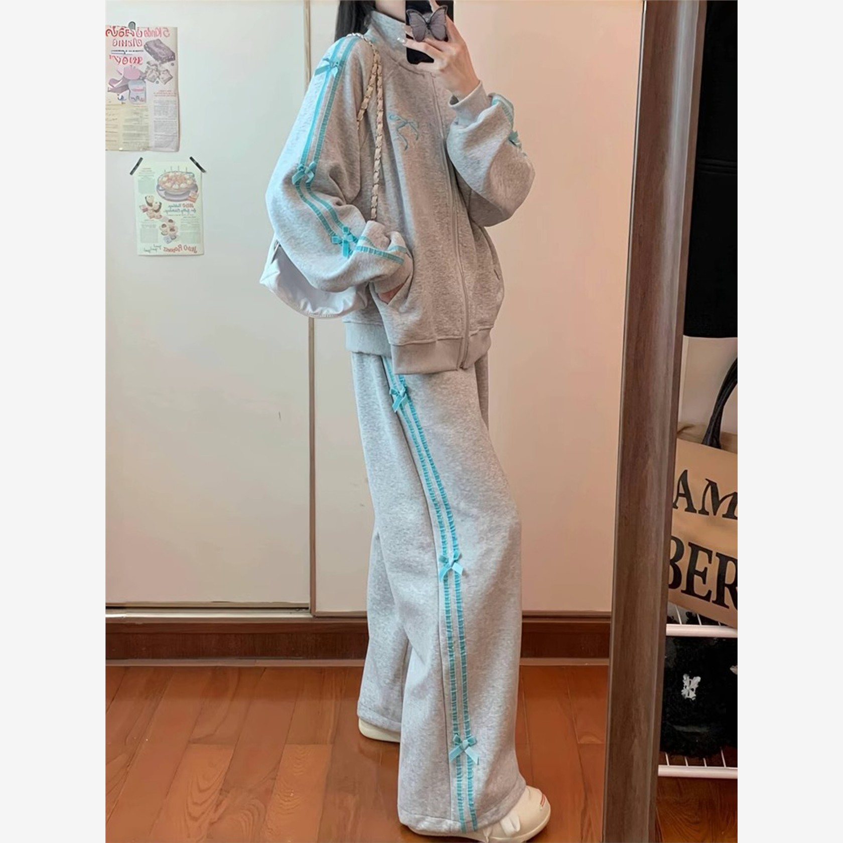 学院风OOTD休闲运动套装女秋冬季学生设计感开衫卫衣长裤两件套潮