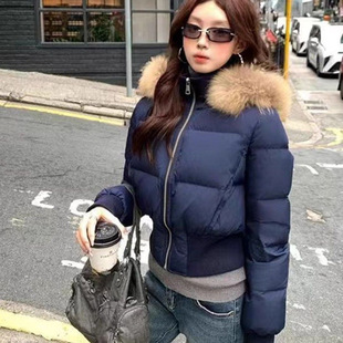 欧货2025新款小海鸥大毛领连帽收腰羽绒服女短款时尚气质加厚保暖