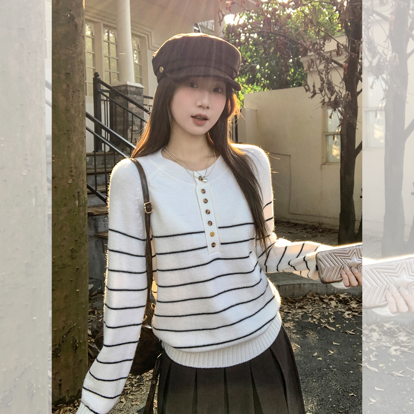 条纹半开领针织加厚套头