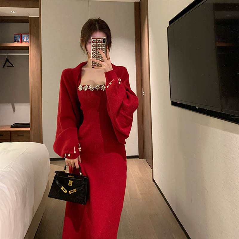 2025秋冬新款小香风红色重工毛衣吊带连衣裙两件套针织开衫外套女,女装/女士精品,休闲运动套装,淘宝优惠券,粉丝福利购,淘宝优惠卷