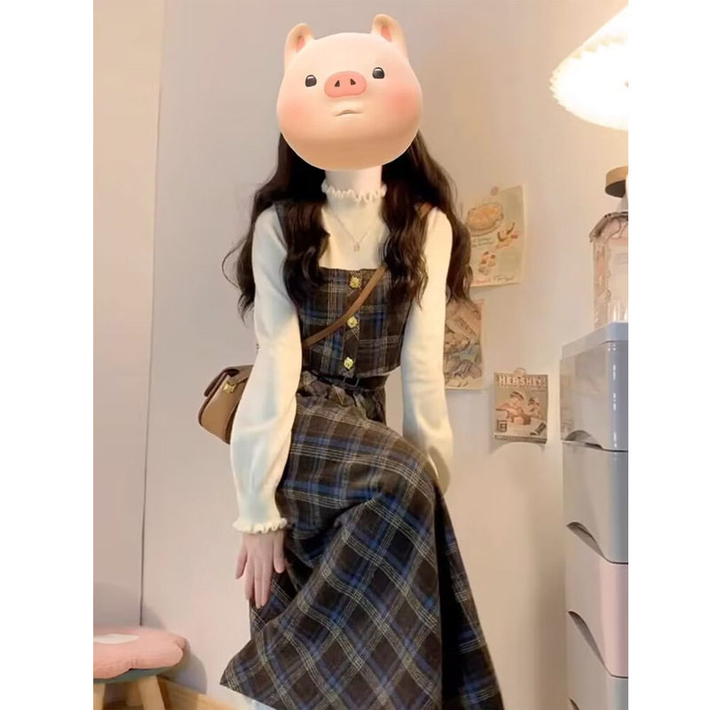 小香学院风格子背带连衣裙子女秋冬季2025新款小个子穿搭套装长裙