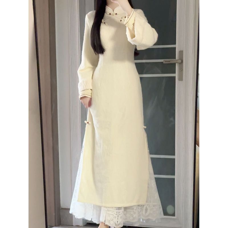 中国风加绒加厚改良旗袍少女年轻款秋冬装优雅气质保暖连衣裙日常