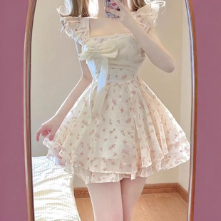 甜辣妹碎花连衣裙女小个子夏收腰蓬蓬裙法式初恋蝴蝶结公主蛋糕裙