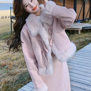 奶呼呼韩系减龄粉色皮绒套装裙2025秋冬新款保暖毛毛半身裙两件套