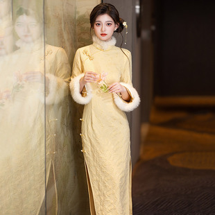 鹅黄色加绒冬装国风长款长袖旗袍改良年轻款女高级感复古冬季厚款