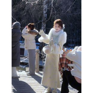 冬季加绒加厚旗袍上衣半身裙套装女过年新中式国风连衣裙子两件套