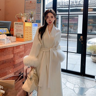 2025秋冬中长款双面绒毛呢外套女宽松仿狐狸毛韩系小个子呢子大衣