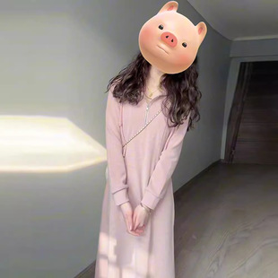 粉色连帽长袖连衣裙子女2025新款早初秋装显瘦卫衣中长裙韩系穿搭