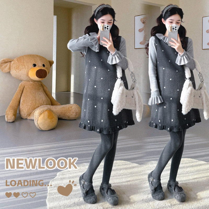 孕妇两件套2025秋冬打底小个子毛呢背心裙荷叶边毛衣上衣韩版套装