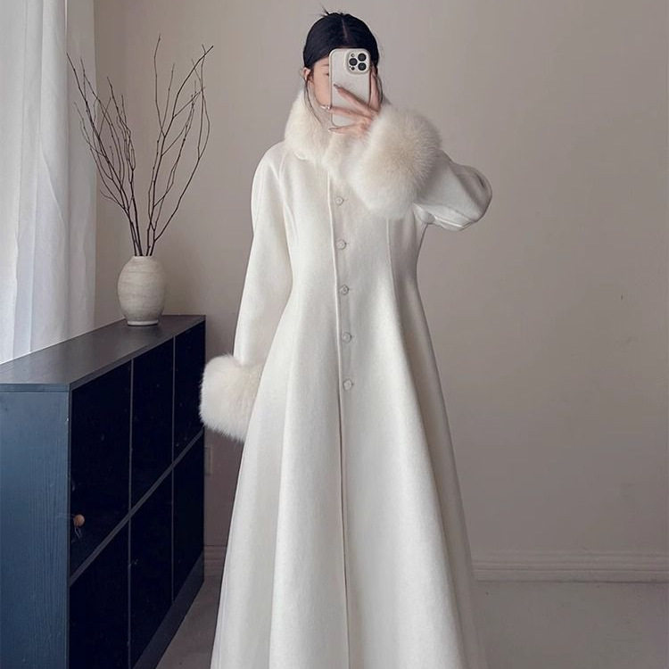 名媛收腰大衣裙摆风衣毛呢过膝外套时尚千金呢子大衣胖妹妹女装潮