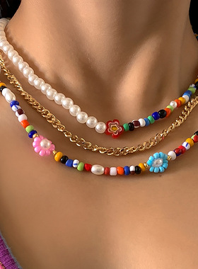 Hot trend千禧辣妹叠戴 y2k小众彩色珍珠串珠花朵链条蝶项链锁女