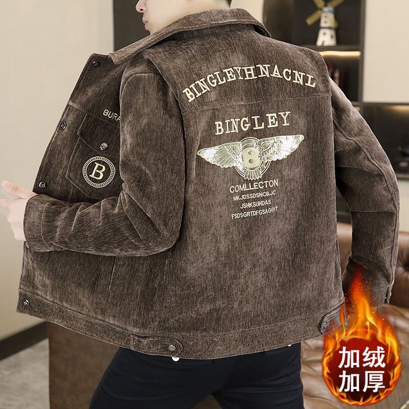 冬季加绒加厚毛呢大衣男士高端时尚欧版刺绣呢子短款夹克风衣外套
