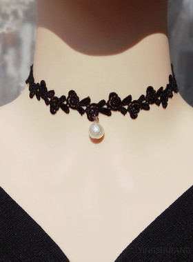 黑色蕾丝珍珠超仙锁骨链