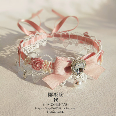 超仙lolita飘带爱心粉色蝴蝶结蕾丝珍珠项圈洛丽塔choker锁骨项链
