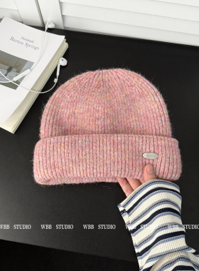 双层加厚针织帽女秋冬保暖冷帽休闲百搭护耳帽极简风户外毛线帽