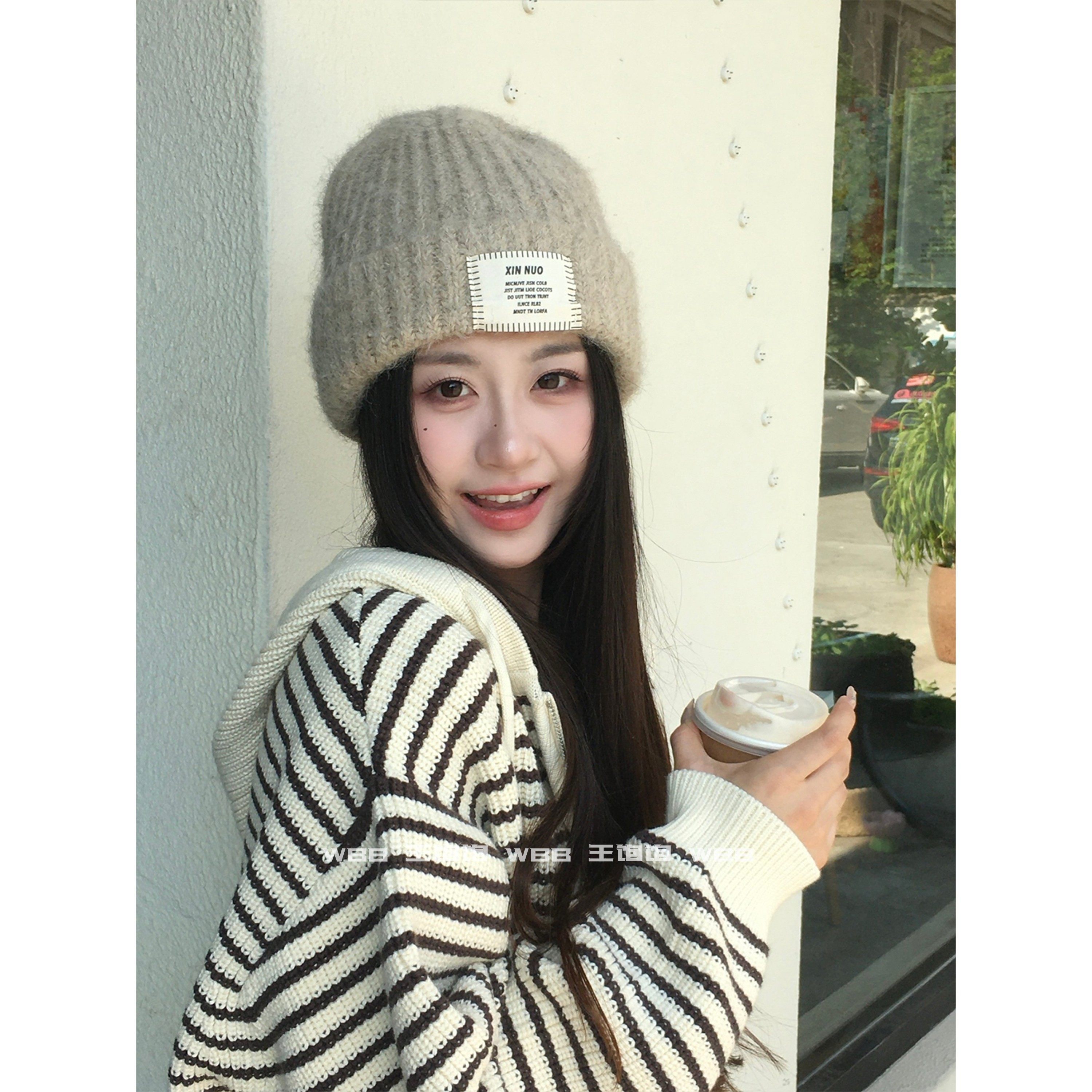 燕麦色针织帽女秋冬百搭护耳帽子