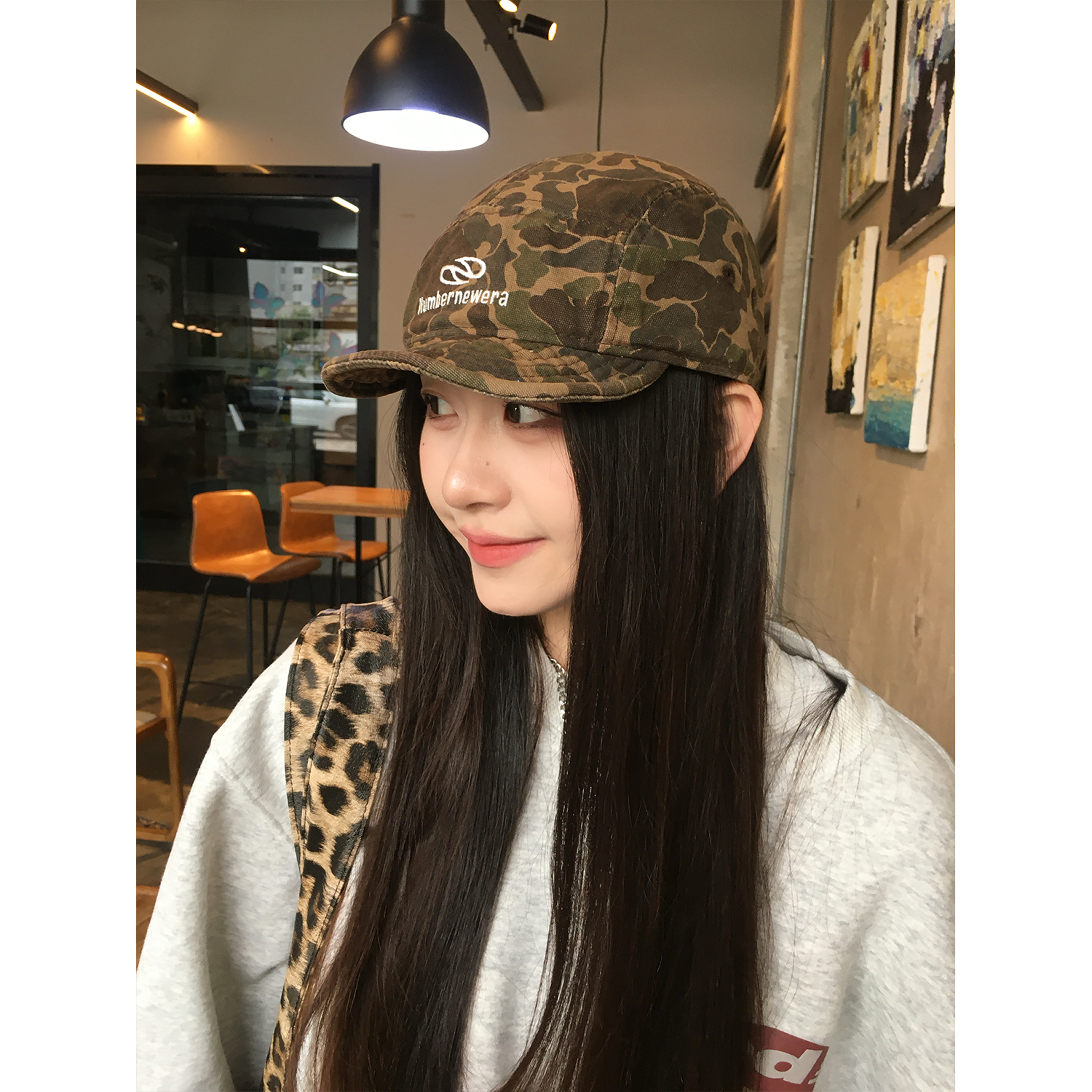 复古迷彩短檐鸭舌帽女潮牌棒球帽