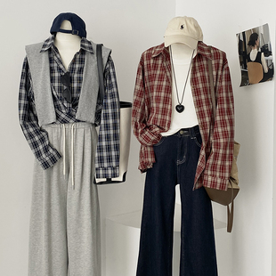 宽松休闲百搭长袖 秋季 女2025新款 复古格子衬衫 衬衣外套 纯棉中长款