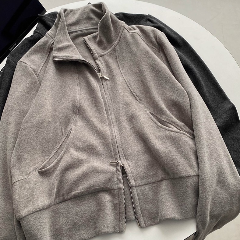 短款德绒立领正肩双拉链卫衣开衫