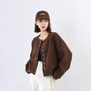 外套棒球服 女2025宽松休闲百搭短款 秋季 鱼鳞纹毛圈圆领单排扣开衫