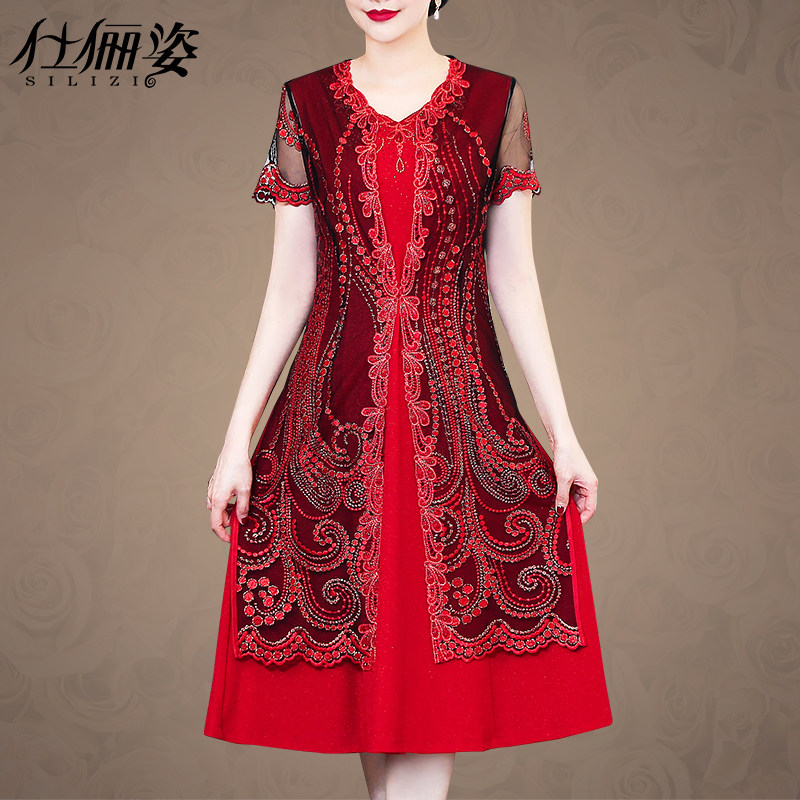 夏季刺绣礼服连衣裙两件套妈妈装改良式旗袍裙套装