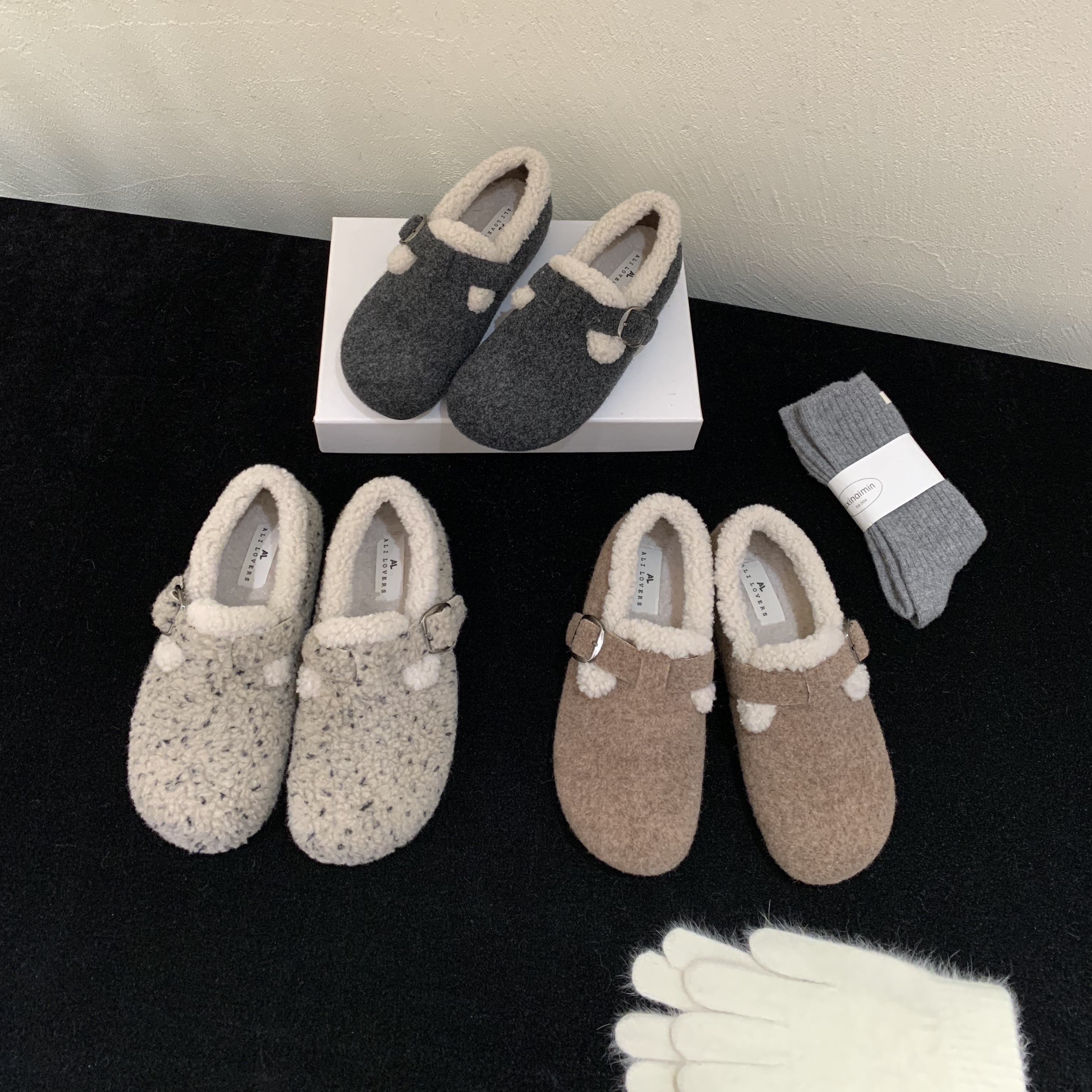 内增高4cm~勃肯鞋女冬季加绒保暖羊羔毛棉鞋毛呢一脚瞪外穿