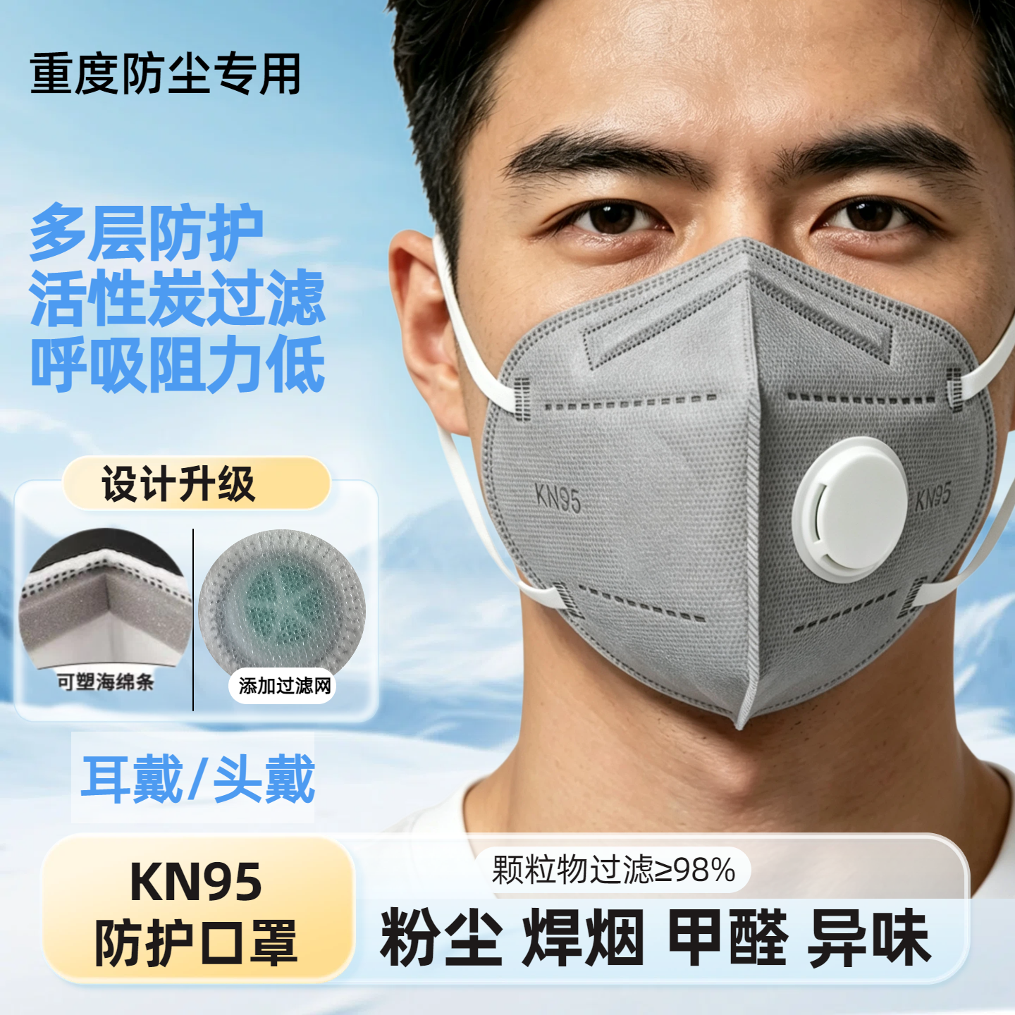 KN95口罩防粉尘含活性炭一次性带呼吸阀喷漆工业打磨电焊专用面罩
