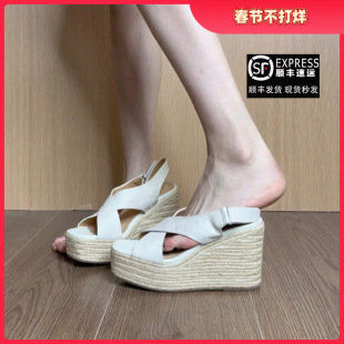 女交叉带厚底增高小个松糕鞋 2026夏季 罗马风鱼嘴坡跟凉鞋 凉鞋 新款