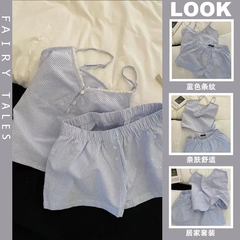 简约甜美条纹花边睡衣女夏季新款吊带短裤ins韩版夏天家居服套装