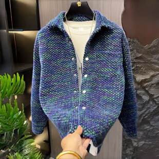 秋季新款高级感痞帅风男士小香风编织翻领衬衫燕尾式百搭休闲外套