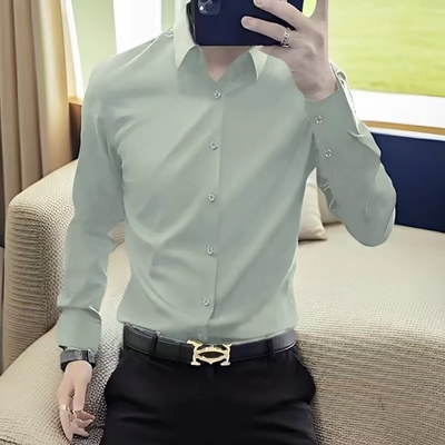 高档男士纯色长袖衬衫春季新款轻奢商务时尚休闲衬衣品质男装8809