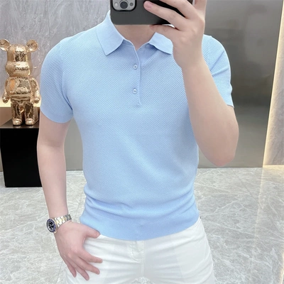 欧货针织短袖男士时尚休闲夏季半袖POLO冰丝翻领百搭上衣纯色薄款