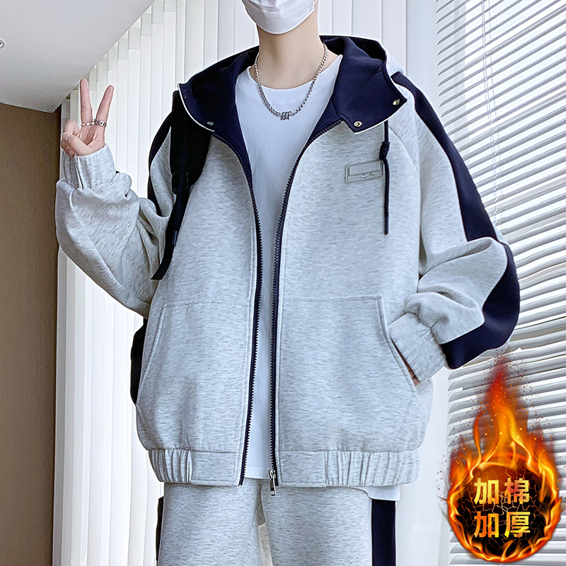 青少年连帽卫衣学生加棉夹克男外套加厚保暖加绒裤子休闲运动套装