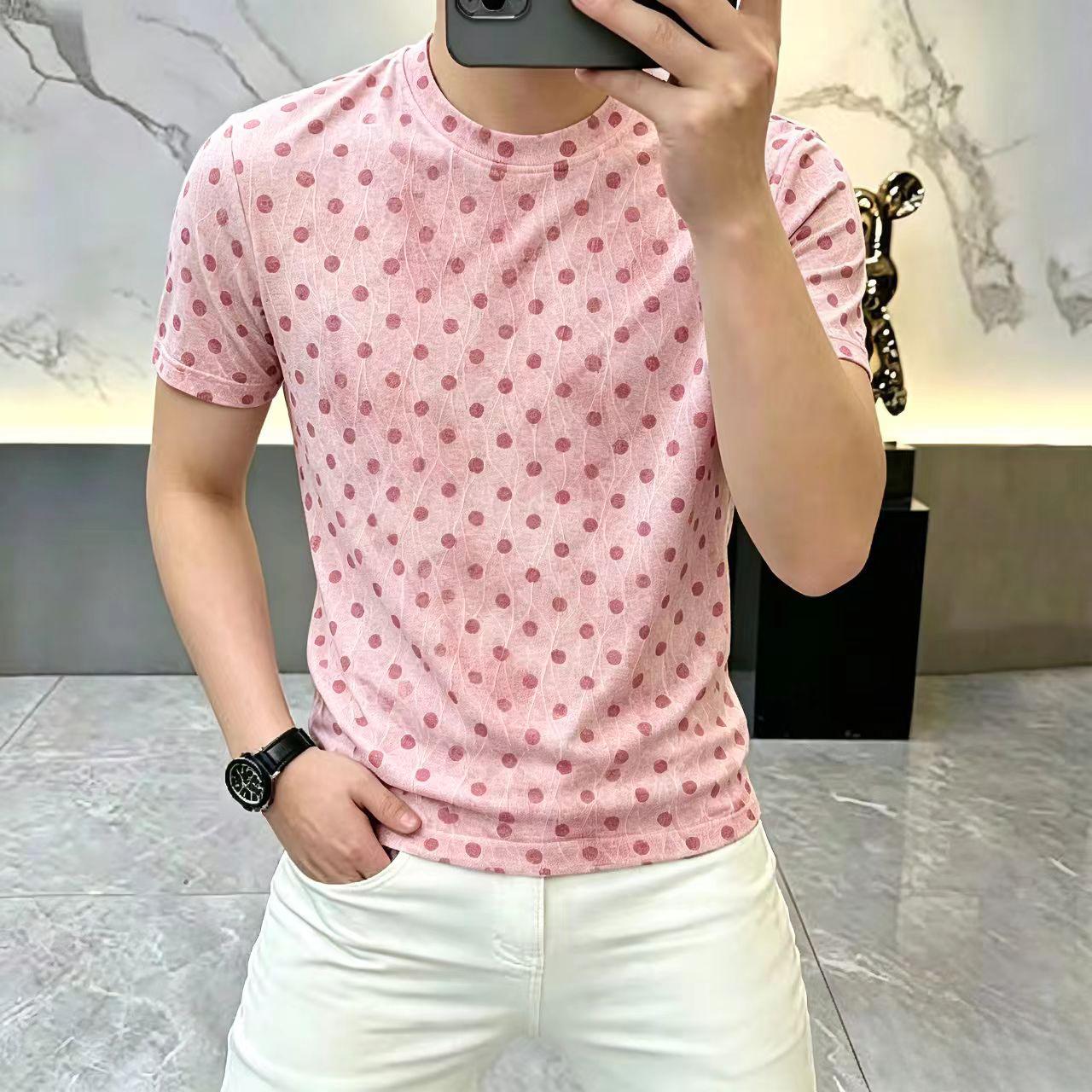 2026夏季高档冰丝撞色男士满印圆点短袖夏款日常出行简约休闲上衣