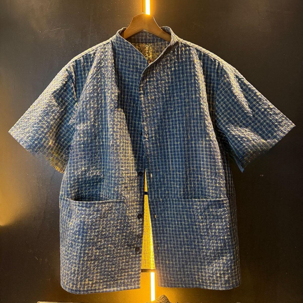 时尚立领蓝色格子衬衫潮牌男士夏季宽松休闲小众设计感衬衣