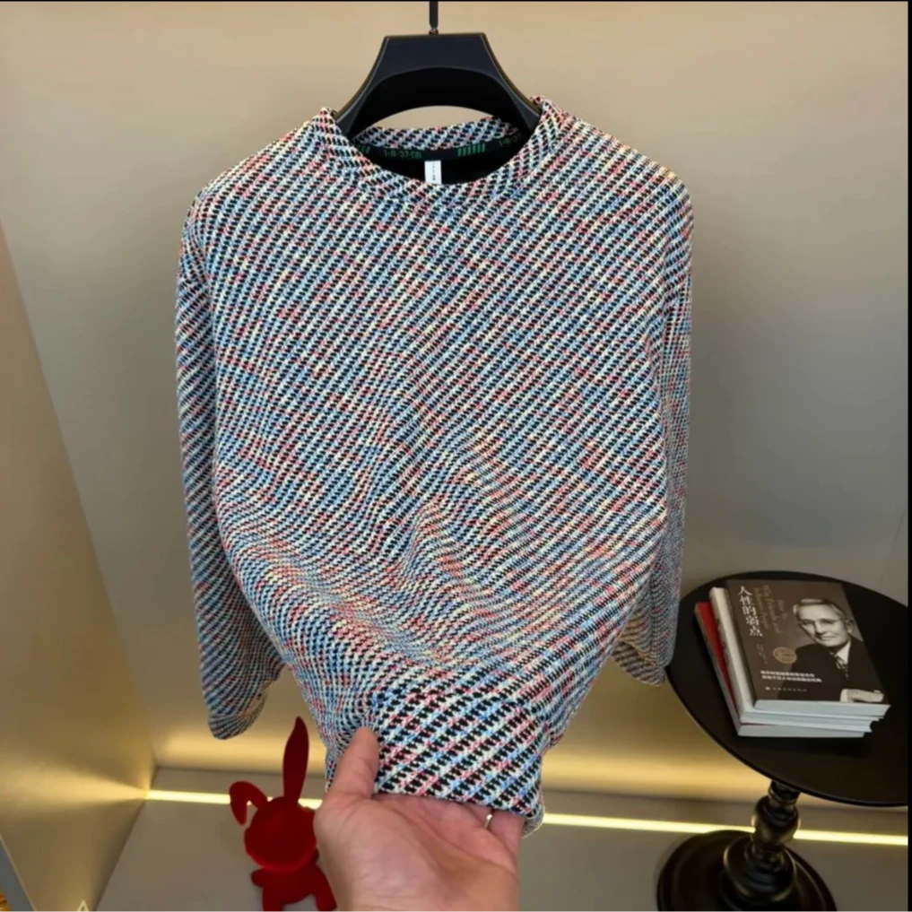 欧洲站2025圆领保暖卫衣男轻奢潮牌拼色条纹T恤打底衫加厚长袖