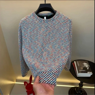 欧洲站2025圆领保暖卫衣男轻奢潮牌拼色条纹T恤打底衫加厚长袖