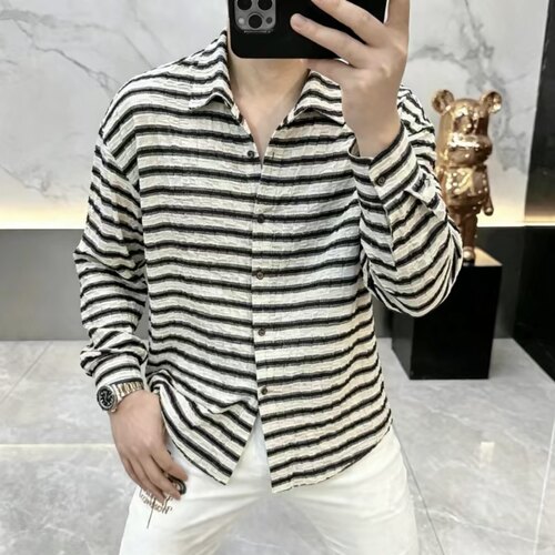 高档轻奢秋季新款男士条纹长袖衬衫潮流帅气商务休闲时尚百搭7377