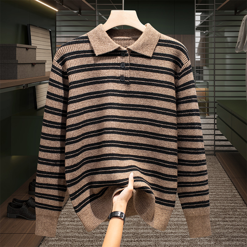 高档新款翻领条纹加厚毛衣男士冬季时尚Polo领针织衫男装上衣613